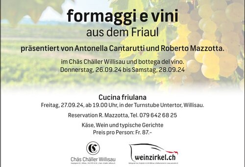 Donnerstag, 26. bis Samstag, 28. September 2024: Degustation formaggi e vini aus dem Friaul