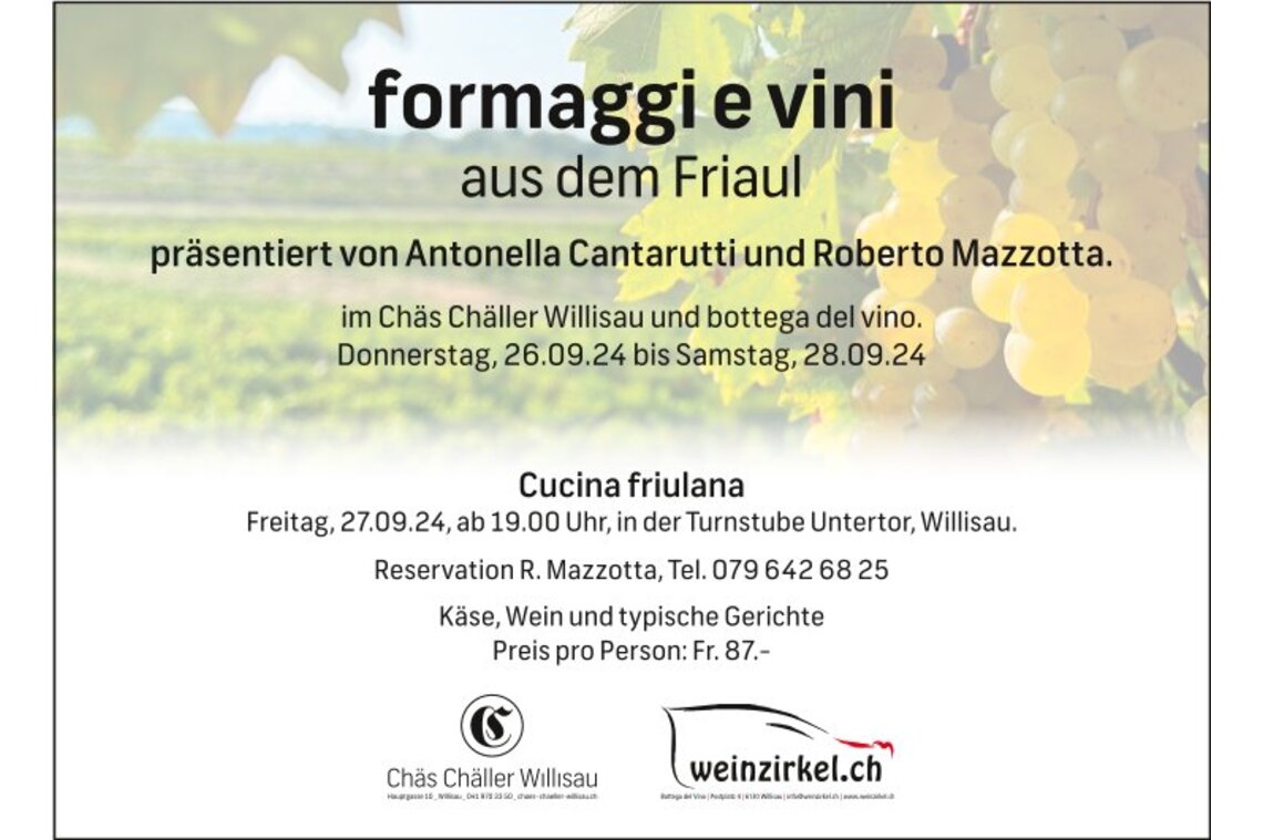 Donnerstag, 26. bis Samstag, 28. September 2024: Degustation formaggi e vini aus dem Friaul